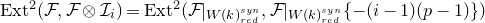 Ext squared left parenthesis script upper F comma script upper F circled times script upper I Subscript i Baseline right parenthesis equals Ext squared left parenthesis script upper F vertical bar Subscript upper W left parenthesis k right parenthesis Sub Subscript r e d Sub Superscript s y n Subscript Baseline comma script upper F vertical bar Subscript upper W left parenthesis k right parenthesis Sub Subscript r e d Sub Superscript s y n Subscript Baseline StartSet minus left parenthesis i minus 1 right parenthesis left parenthesis p minus 1 right parenthesis EndSet right parenthesis
