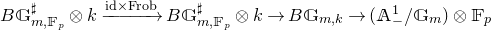 upper B double struck upper G Subscript m comma double struck upper F Sub Subscript p Subscript Superscript normal ♯ Baseline circled times k right arrow Overscript id times Frob Endscripts upper B double struck upper G Subscript m comma double struck upper F Sub Subscript p Subscript Superscript normal ♯ Baseline circled times k right arrow upper B double struck upper G Subscript m comma k Baseline right arrow left parenthesis double struck upper A Subscript minus Superscript 1 Baseline divided by double struck upper G Subscript m Baseline right parenthesis circled times double struck upper F Subscript p