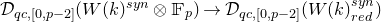 script upper D Subscript q c comma left bracket 0 comma p minus 2 right bracket Baseline left parenthesis upper W left parenthesis k right parenthesis Superscript s y n Baseline circled times double struck upper F Subscript p Baseline right parenthesis right arrow script upper D Subscript q c comma left bracket 0 comma p minus 2 right bracket Baseline left parenthesis upper W left parenthesis k right parenthesis Subscript r e d Superscript s y n Baseline right parenthesis