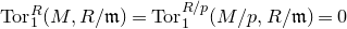 Tor Subscript 1 Superscript upper R Baseline left parenthesis upper M comma upper R divided by German m right parenthesis equals Tor Subscript 1 Superscript upper R divided by p Baseline left parenthesis upper M divided by p comma upper R divided by German m right parenthesis equals 0