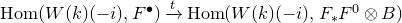 upper H o m left parenthesis upper W left parenthesis k right parenthesis left parenthesis negative i right parenthesis comma upper F Superscript bullet Baseline right parenthesis right arrow Overscript t Endscripts upper H o m left parenthesis upper W left parenthesis k right parenthesis left parenthesis negative i right parenthesis comma upper F Subscript asterisk Baseline upper F Superscript 0 Baseline circled times upper B right parenthesis