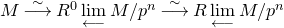 upper M ModifyingAbove long right arrow With tilde upper R Superscript 0 Baseline ModifyingBelow limit With long left arrow upper M divided by p Superscript n Baseline ModifyingAbove long right arrow With tilde upper R ModifyingBelow limit With long left arrow upper M divided by p Superscript n