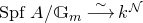 upper S p f upper A divided by double struck upper G Subscript m Baseline ModifyingAbove long right arrow With tilde k Superscript script upper N