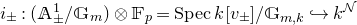i Subscript plus or minus Baseline colon left parenthesis double struck upper A Subscript plus or minus Superscript 1 Baseline divided by double struck upper G Subscript m Baseline right parenthesis circled times double struck upper F Subscript p Baseline equals upper S p e c k left bracket v Subscript plus or minus Baseline right bracket divided by double struck upper G Subscript m comma k Baseline right arrow with hook k Superscript script upper N