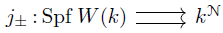 The expression shows a morphism from the formal spectrum of the Witt ring W(k) to the infinite product space. It represents a mapping between these algebraic structures and indicates how points or elements of the formal scheme are associated with sequences indexed by the natural numbers.