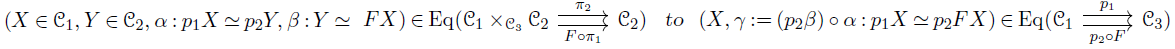 This formula establishes a categorical equivalence between two equalizer categories, simplifying a system involving a fiber product down to a relation between two base categories.