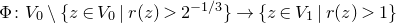 normal upper Phi colon upper V 0 minus StartSet z element of upper V 0 vertical bar r left parenthesis z right parenthesis greater than 2 Superscript minus 1 divided by 3 Baseline EndSet right arrow StartSet z element of upper V 1 vertical bar r left parenthesis z right parenthesis greater than 1 EndSet