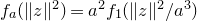 f Subscript a Baseline left parenthesis StartMetric z EndMetric squared right parenthesis equals a squared f 1 left parenthesis StartMetric z EndMetric squared divided by a cubed right parenthesis