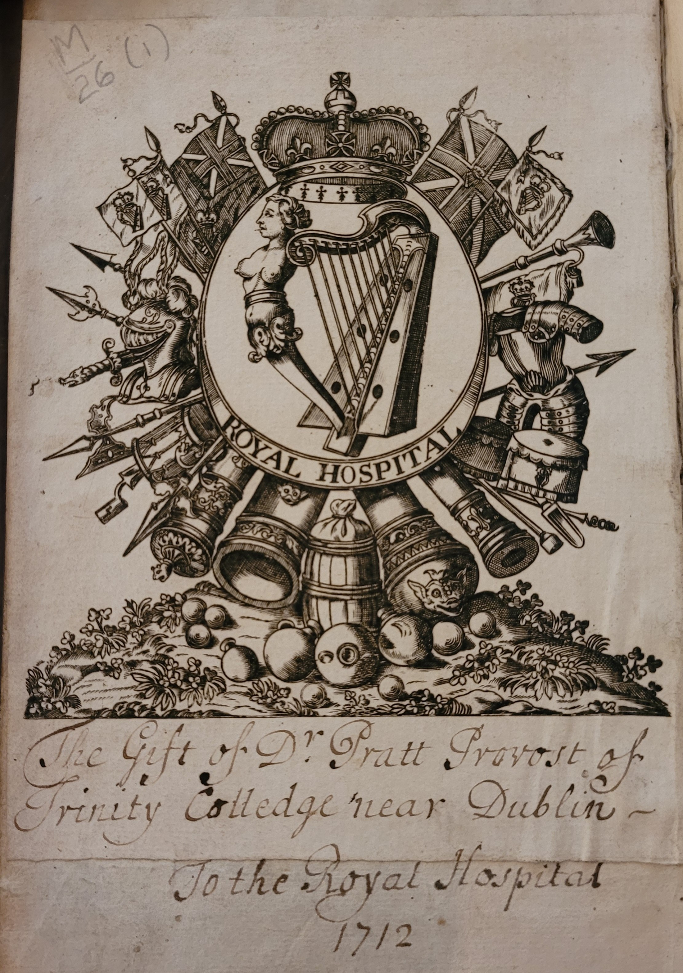 A historical bookplate featuring a coat of arms and musical instruments.