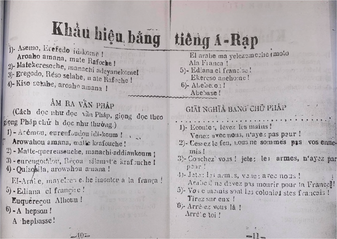 The image shows a document with text in Vietnamese, Arabic and French, presenting rallying phrases and their translations. It includes phonetic transcriptions and explanations. See long description.