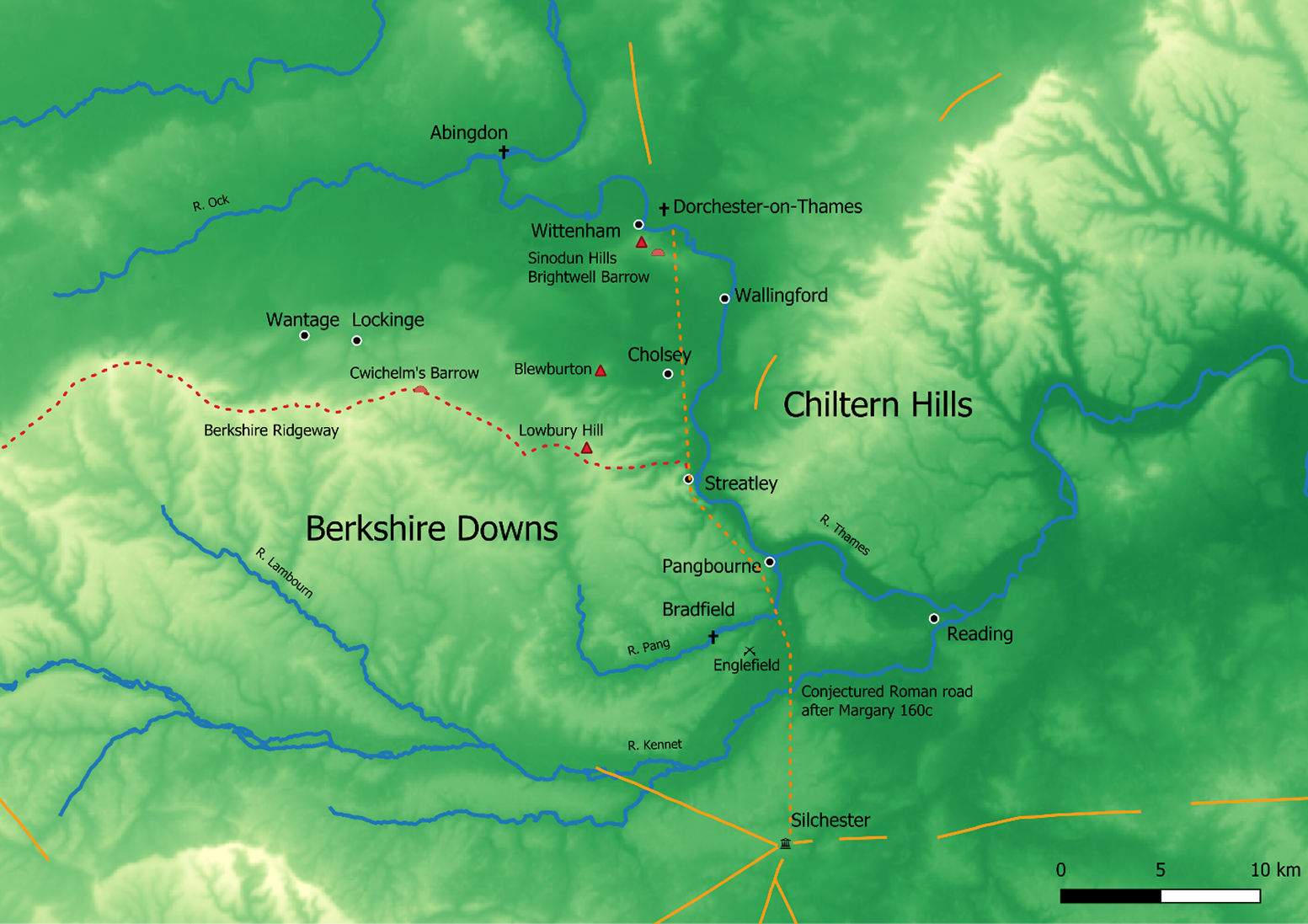 Topographical map of the Eastern Berkshire Downs and Chiltern Hills showing river systems, settlements, and historical routes. See long description.