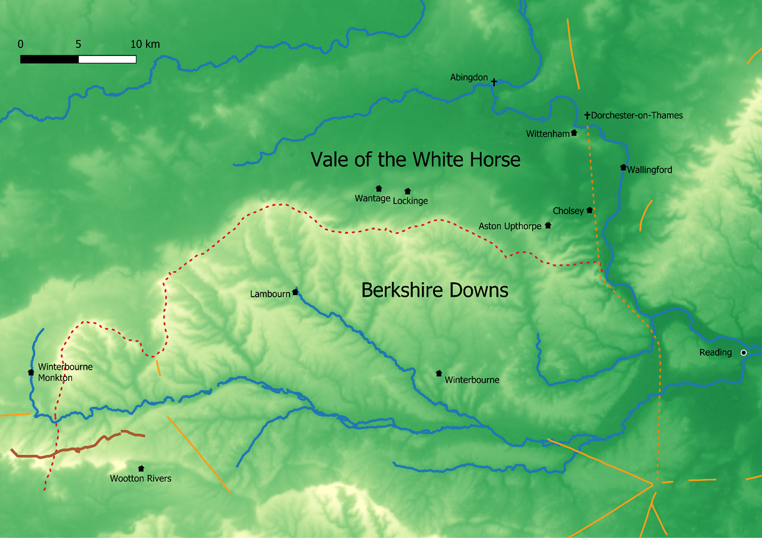 Topographical map of the Berkshire and Lambourn Downs showing historical estates and river systems between 868 and 1066. See long description.