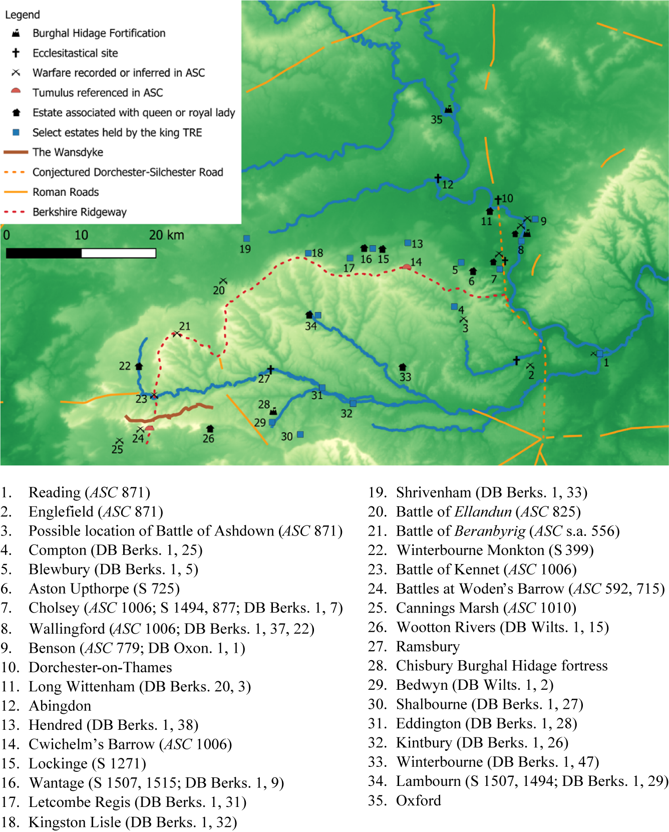 A topographical map of the Berkshire, Lambourn, and Marlborough Downs featuring historical sites, roads, and waterways marked with numbered icons and a detailed legend. See long description.