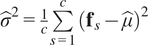 sigma hat 2 equals 1 c sigma summation s equals 1 cfs minus mu hat 2