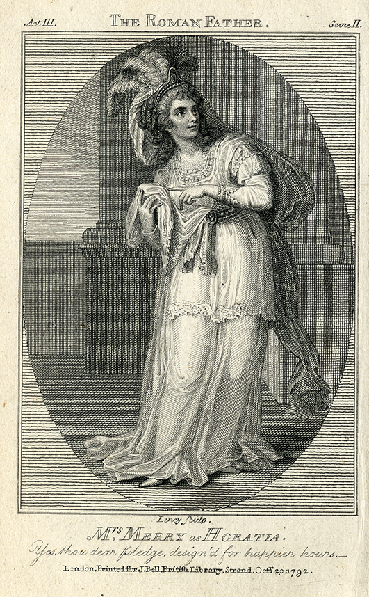 A full-body version of a depiction of Ann Brunton as Horatia, drawn with less fineness and clarity. She stands before a typically Roman backdrop, made up of large columns. See long description.