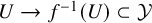 upper U right arrow f Superscript negative 1 Baseline left parenthesis upper U right parenthesis subset of script upper Y
