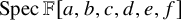 upper S p e c double struck upper F left bracket a comma b comma c comma d comma e comma f right bracket