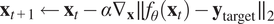 xt plus 1 left arrow xt minus alpha nabla x parallel to f theta xt minus ytarget parallel to 2
