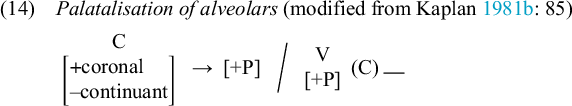 Linguistic rule for palatalisation of alveolars. C [plus coronal, minus continuant] yields [plus P] in the environment of V [plus P] (C) underscore.