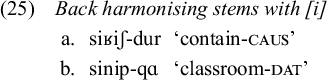 Linguistic example 25 titled Back harmonising stems with [i]. Item a shows siʁiʃ-dur translated as contain-C A U S. Item b shows sinip-qa translated as classroom-D A T.