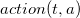a c t i o n left parenthesis t comma a right parenthesis