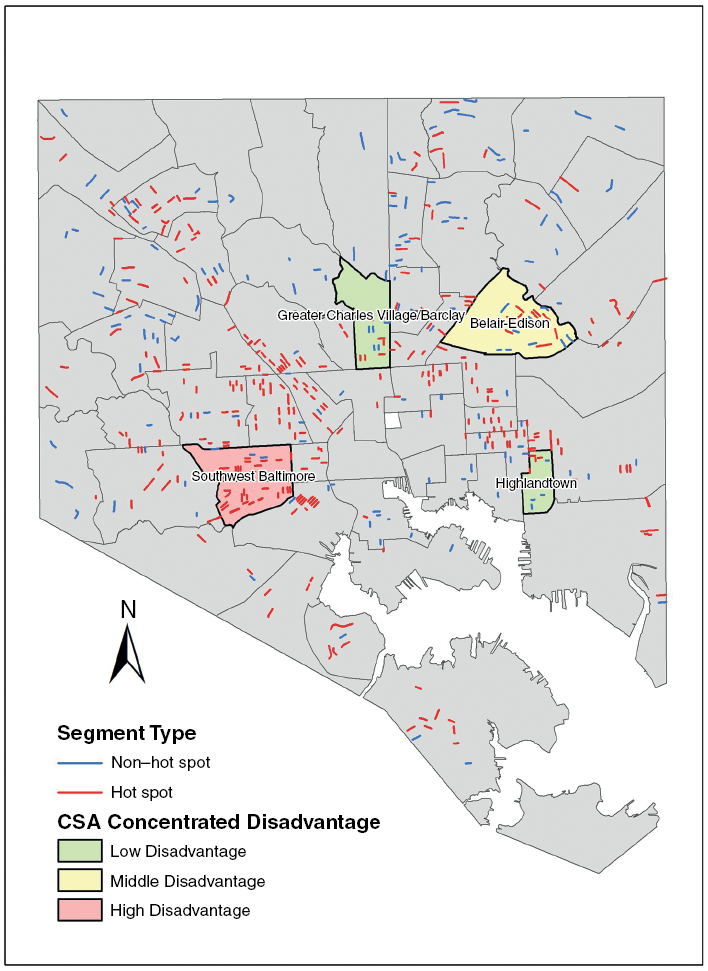 Map of Baltimore with four communities color-coded based on level of disadvantage. Each community contains hot spot streets and non-hot spot streets. See long description.
