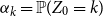 alpha Subscript k Baseline equals double struck upper P left parenthesis upper Z 0 equals k right parenthesis