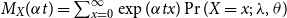 upper M Subscript upper X Baseline left parenthesis alpha t right parenthesis equals sigma summation Underscript x equals 0 Overscript normal infinity Endscripts exp left parenthesis alpha t x right parenthesis probability left parenthesis upper X equals x semicolon lamda comma theta right parenthesis