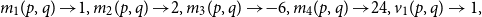 m 1 left parenthesis p comma q right parenthesis right arrow 1 comma m 2 left parenthesis p comma q right parenthesis right arrow 2 comma m 3 left parenthesis p comma q right parenthesis right arrow negative 6 comma m 4 left parenthesis p comma q right parenthesis right arrow 24 comma v 1 left parenthesis p comma q right parenthesis right arrow 1 comma