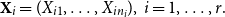 bold upper X Subscript i Baseline equals left parenthesis upper X Subscript i Baseline 1 Baseline comma ellipsis comma upper X Subscript i n Sub Subscript i Subscript Baseline right parenthesis comma i equals 1 comma ellipsis comma r period