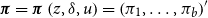bold italic pi equals bold italic pi left parenthesis z comma delta comma u right parenthesis equals left parenthesis pi 1 comma ellipsis comma pi Subscript b Baseline right parenthesis prime