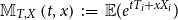 double struck upper M Subscript upper T comma upper X Baseline left parenthesis t comma x right parenthesis colon equals double struck upper E left parenthesis e Superscript t upper T Super Subscript i Superscript plus x upper X Super Subscript i Superscript Baseline right parenthesis