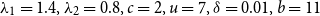 lamda 1 equals 1.4 comma lamda 2 equals 0.8 comma c equals 2 comma u equals 7 comma delta equals 0.01 comma b equals 11