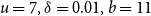 u equals 7 comma delta equals 0.01 comma b equals 11