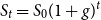 upper S Subscript t Baseline equals upper S 0 left parenthesis 1 plus g right parenthesis Superscript t