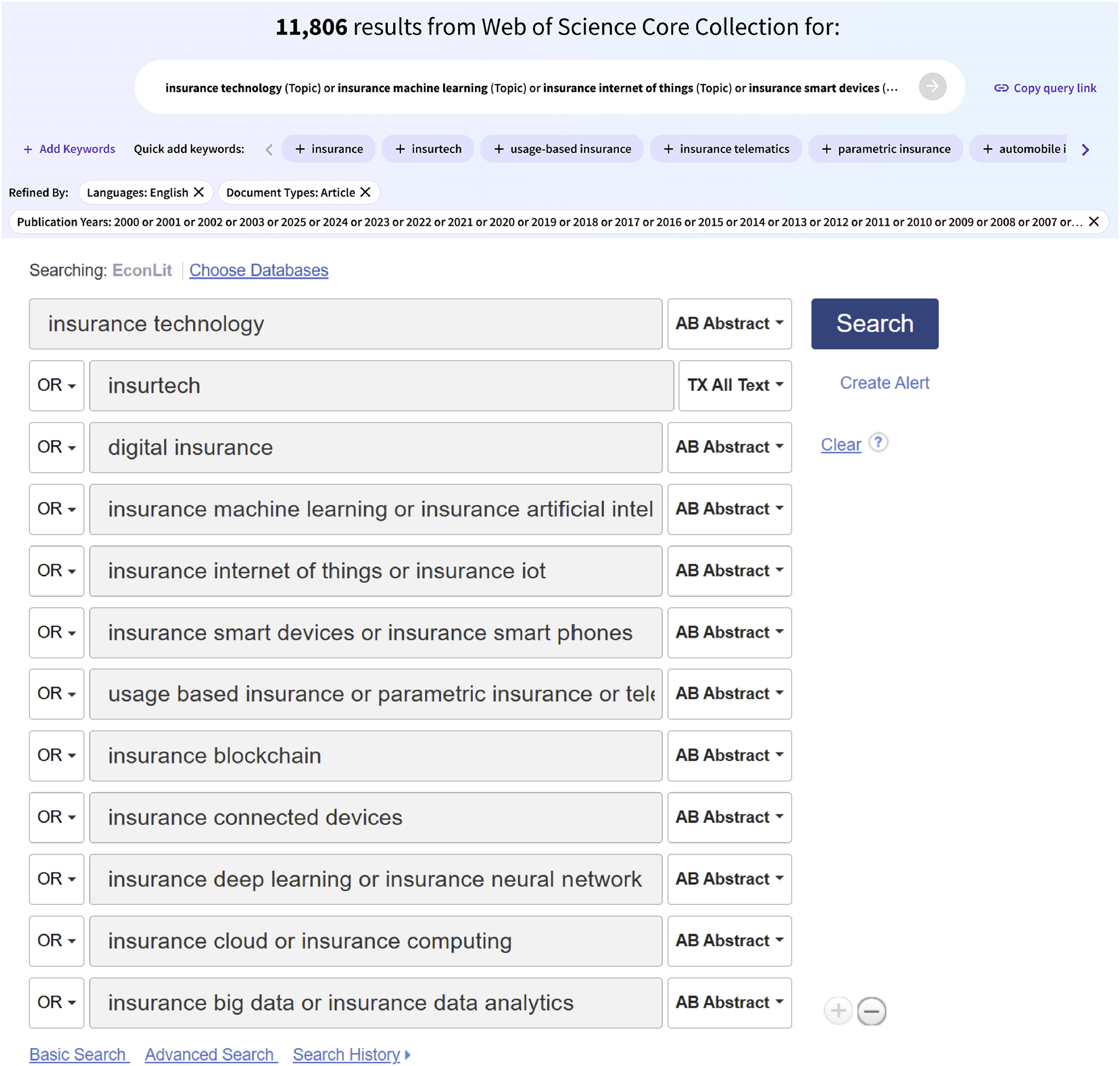 A search interface for insurance technology topics with multiple keywords and filters.