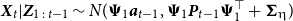 bold italic upper X Subscript t Baseline vertical bar bold italic upper Z Subscript 1 colon t minus 1 Baseline tilde upper N left parenthesis bold upper Psi 1 bold italic a Subscript t minus 1 Baseline comma bold upper Psi 1 bold italic upper P Subscript t minus 1 Baseline bold upper Psi 1 Superscript down tack Baseline plus bold upper Sigma Subscript eta Baseline right parenthesis
