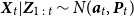 bold italic upper X Subscript t Baseline vertical bar bold italic upper Z Subscript 1 colon t Baseline tilde upper N left parenthesis bold italic a Subscript t Baseline comma bold italic upper P Subscript t Baseline right parenthesis