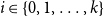 i element of StartSet 0 comma 1 comma ellipsis comma k EndSet