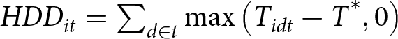 HDDit equals sigma summation d element of tmax left parenthesis Tidt minus upper T asterisk comma 0 right parenthesis