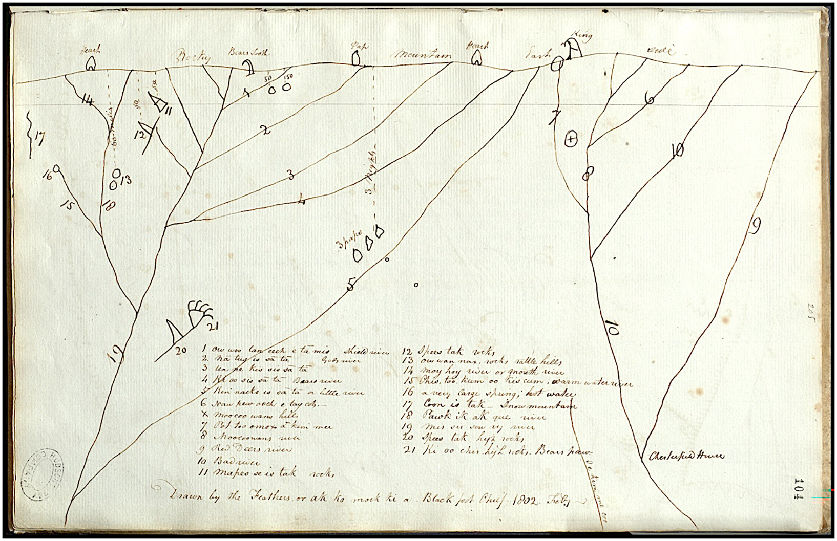 A historical map of the eastern foothills of the Rocky Mountains, showing various labeled locations and paths.