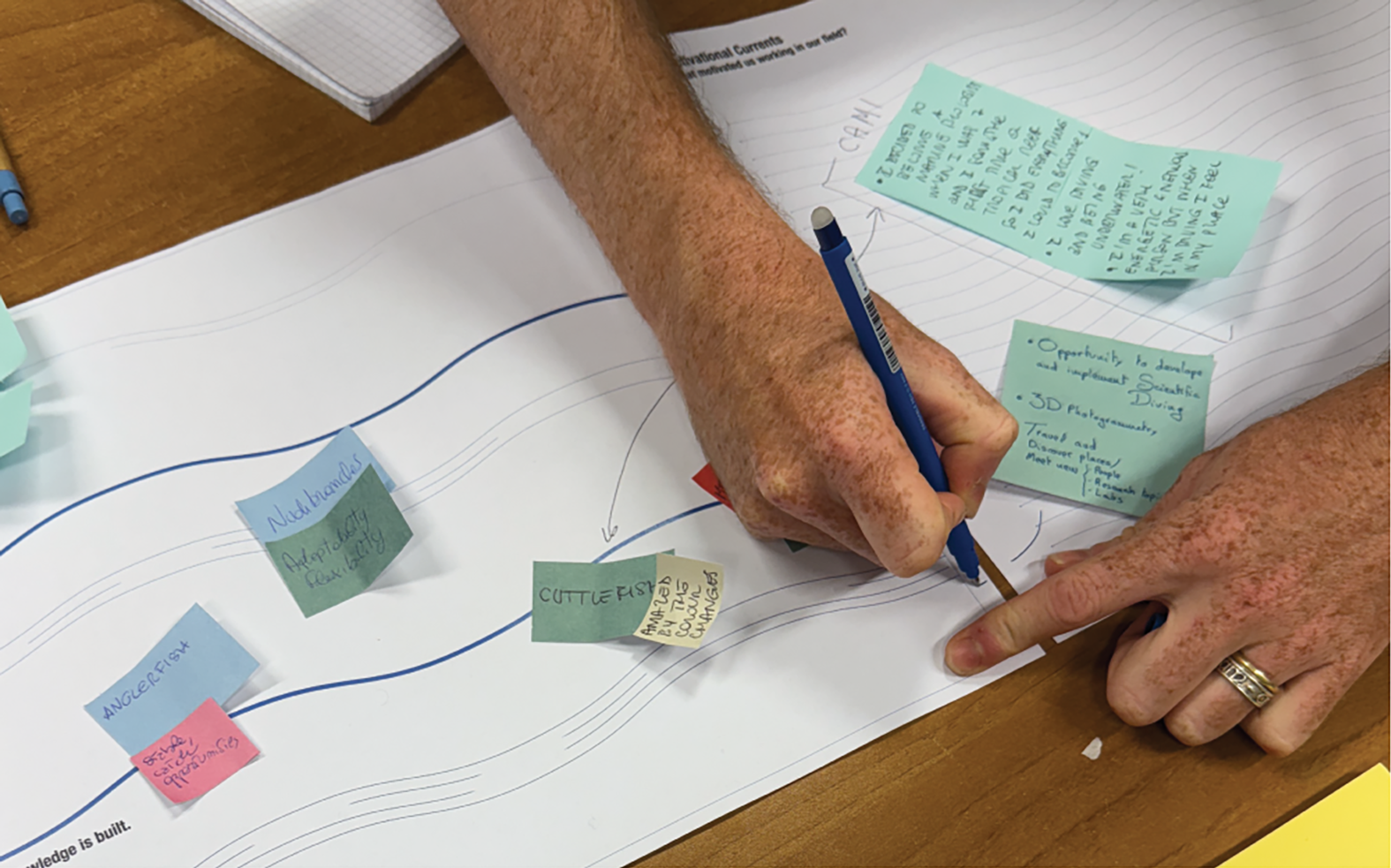 A person is placing sticky notes on a diagram with blue lines.