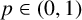 p element of left parenthesis 0 comma 1 right parenthesis