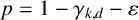 p equals 1 minus gamma Subscript k comma d Baseline minus epsilon