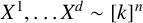 upper X Superscript 1 Baseline comma ellipsis upper X Superscript d Baseline tilde left bracket k right bracket Superscript n