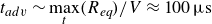 t Subscript a d v Baseline tilde max Underscript t Endscripts left parenthesis upper R Subscript italic eq Baseline right parenthesis divided by upper V almost equals 100 mu s