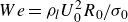 upper W e equals rho Subscript l Baseline upper U 0 squared upper R 0 divided by sigma 0