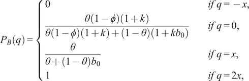 PBq equals 0 ifq equals minus x comma theta 1 minus phi 1 plus k theta 1 minus phi 1 plus k plus 1 minus theta 1 plus kb 0 ifq equals 0 comma theta theta plus 1 minus theta b 0 ifq equals x comma 1 ifq equals 2 x comma