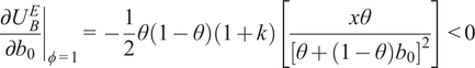 partial differential UBE partial differential b 0 phi equals 1 equals minus 12 theta 1 minus theta 1 plus kx theta theta plus 1 minus theta b 02 less than 0