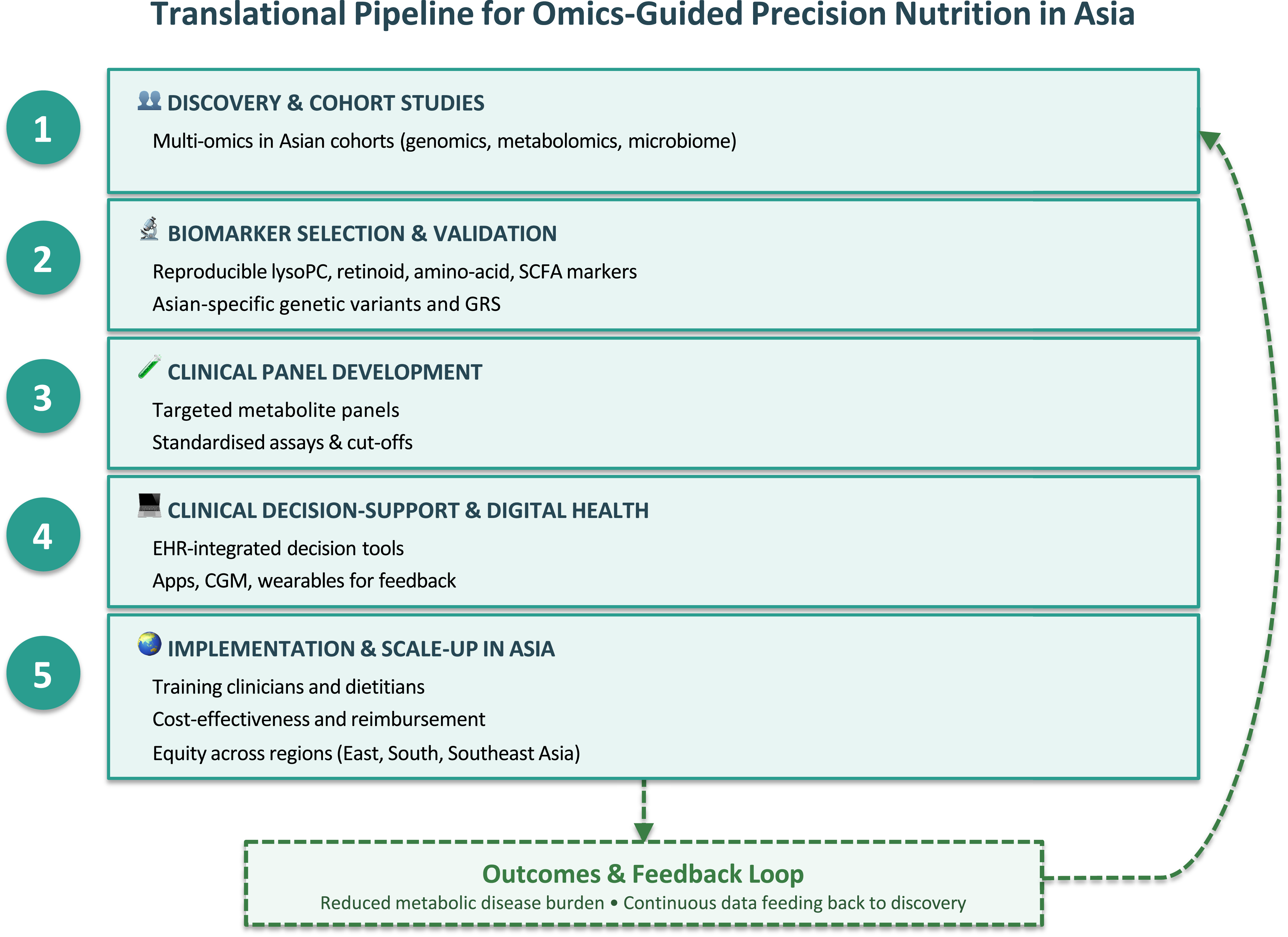 Flowchart of the translational pipeline for omics-guided precision nutrition in Asia, detailing five key stages from discovery to implementation.